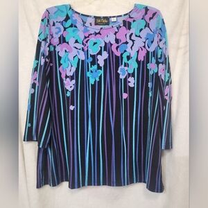 Bob Mackie Sz M Glowing Black Blue Purple Liquid Knit Blouse Shirt Top Art Deco